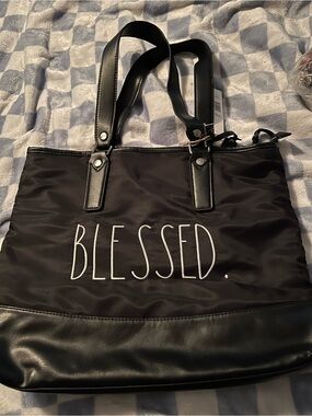 Rae Dunn Black "BLESSED." Tote Bag with Faux Leather Trim